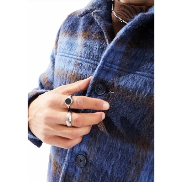 ASOS Men’s Oversized Wool Look Harrington Jacket Blue Brown Plaid Fuzzy XL - Picture 3 of 10